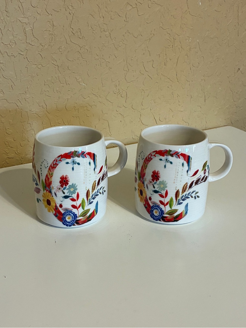 Anthropologie Floral Monogram Initial Letter C -2 Mugs -Ceramic Starla Halfmann